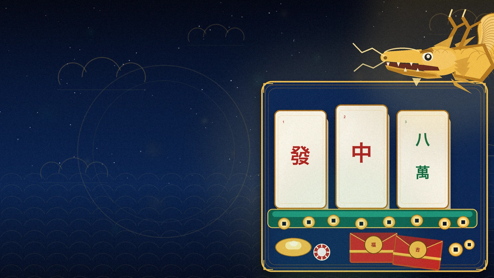 Papan alamat dna777 di atas langit indigo: kepala naga emas bercula di kanan atas, tiga kartu mahjong 發, 中, dan 八萬 di plakat biru bertepi emas, serta angpao, koin, dan ingot di bawahnya.