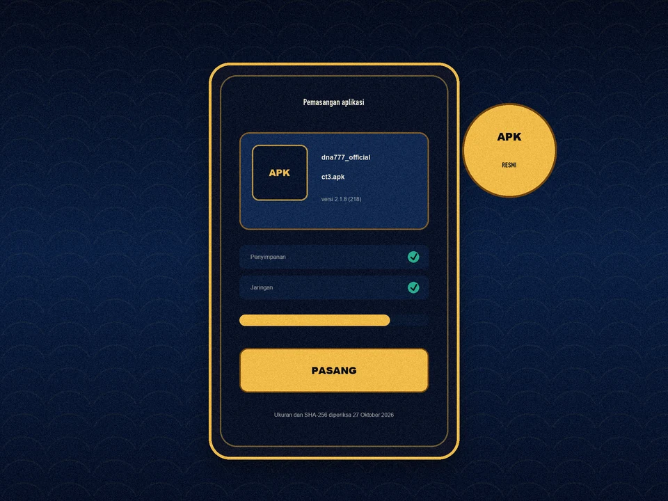 Dialog pemasangan aplikasi di perangkat Android: kartu berkas dna777_official ct3.apk versi 2.1.8, bilah izin, dan tombol PASANG.