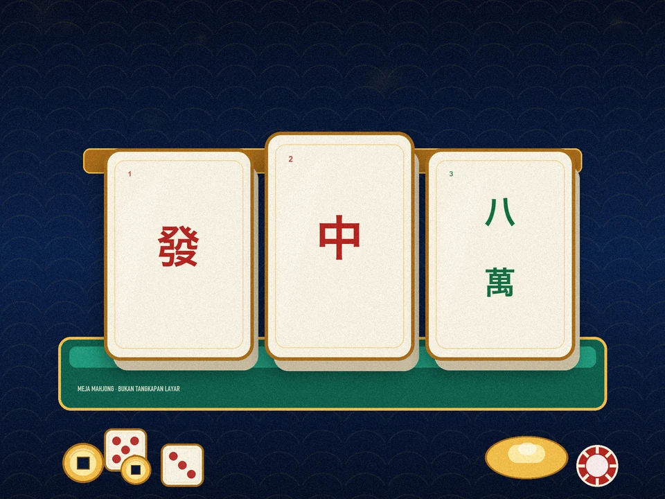 Meja mahjong jade dengan tiga kartu 發, 中, dan 八萬, dua dadu, koin emas, dan ingot.